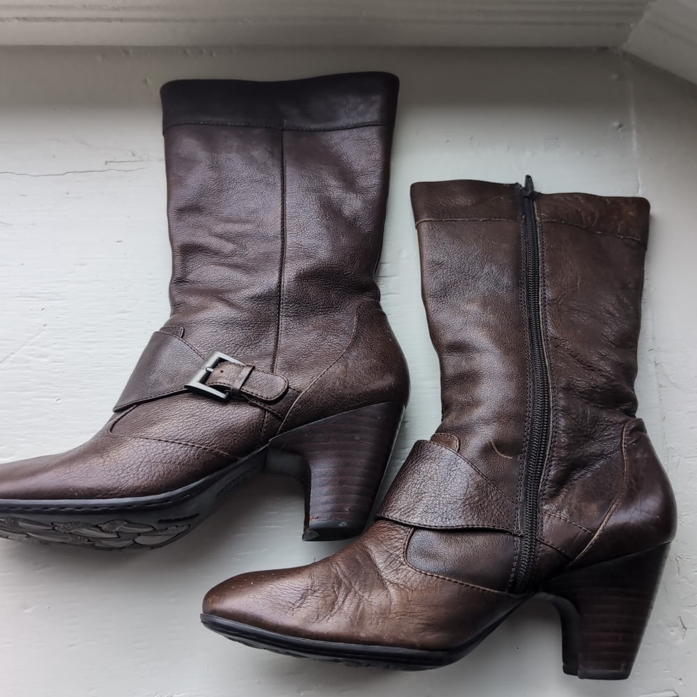 Brown Born Crown W61371 calf high heeled boots with zipper and buckle